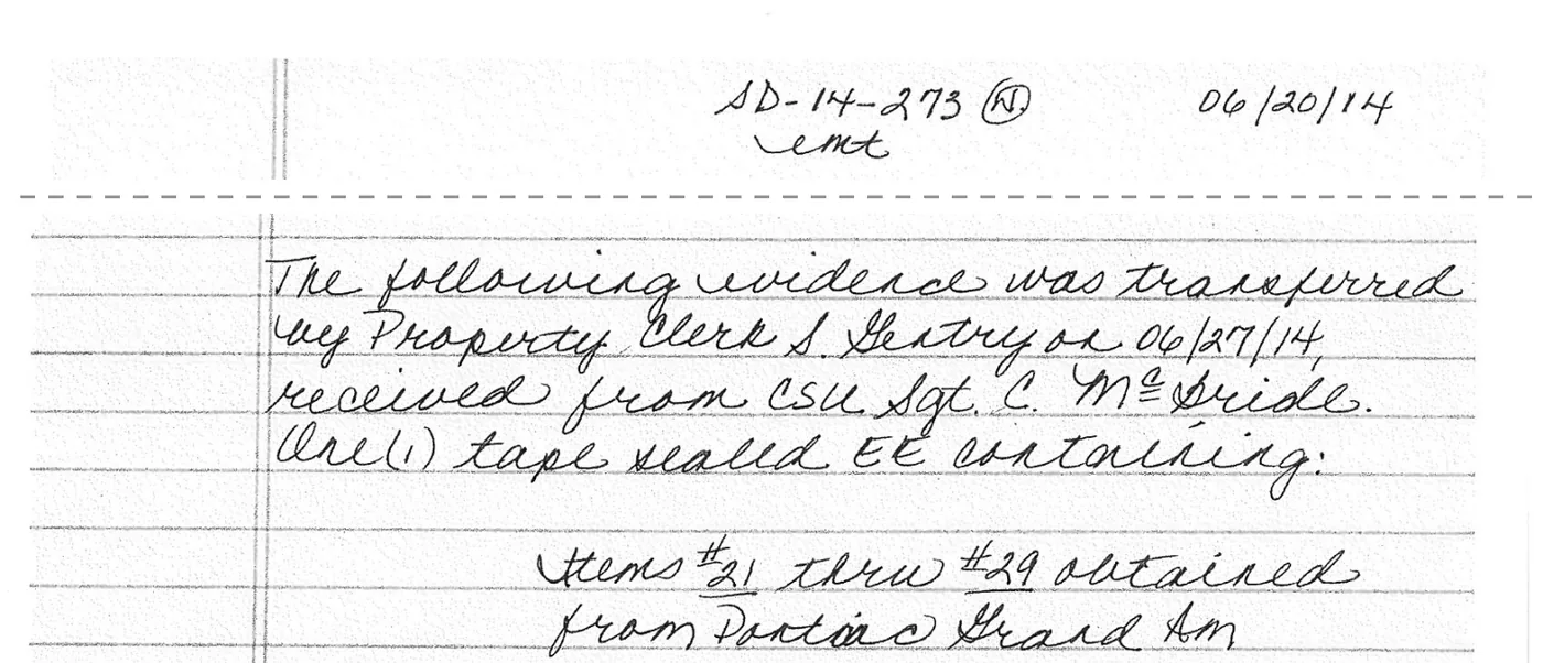 Two excerpts from page 4 of the handwritten bench notes. The page is dated 06/20/14 at the top. Lower on the same page: “The following evidence was transferred by Property Clerk S. Gentry on 06/27/14, received from CSU Sgt. C. McBride,” items #21 through #29 from a Pontiac Grand Am.