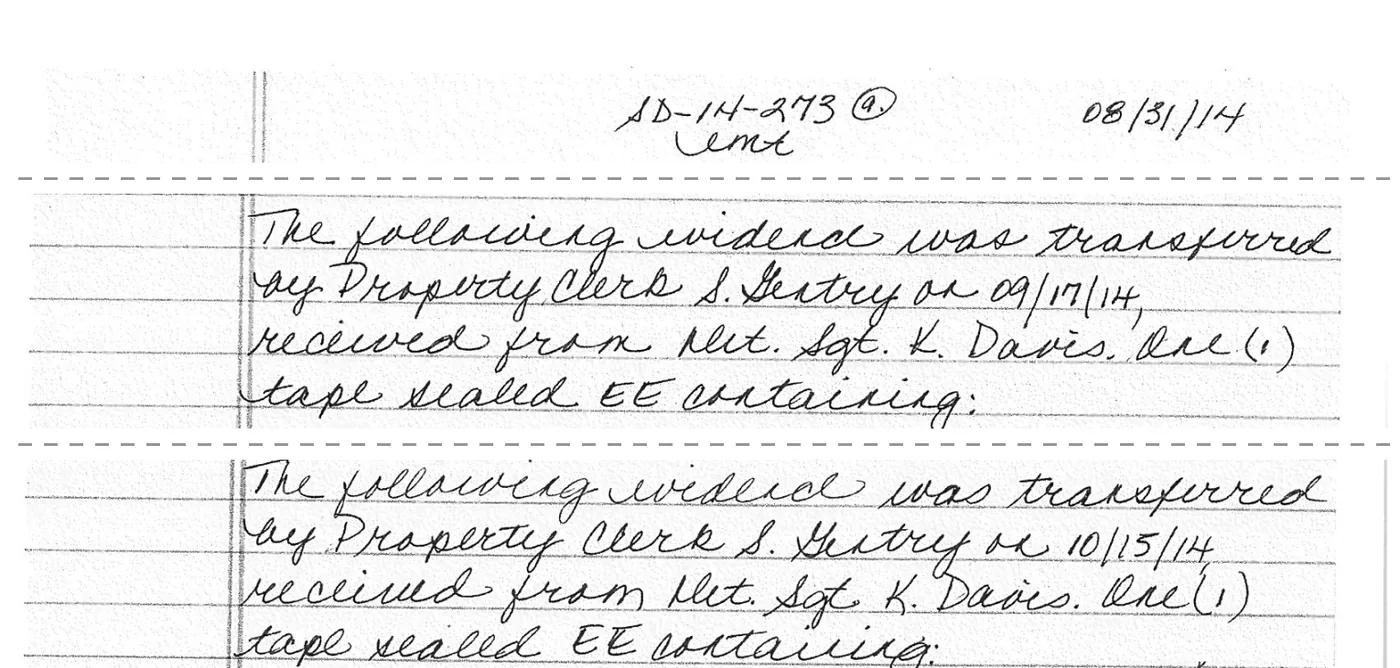 Three excerpts from page 9 of the handwritten bench notes. The page is dated 08/31/14. It records evidence transferred by Property Clerk S. Gentry on 09/17/14 and, further down, on 10/15/14.