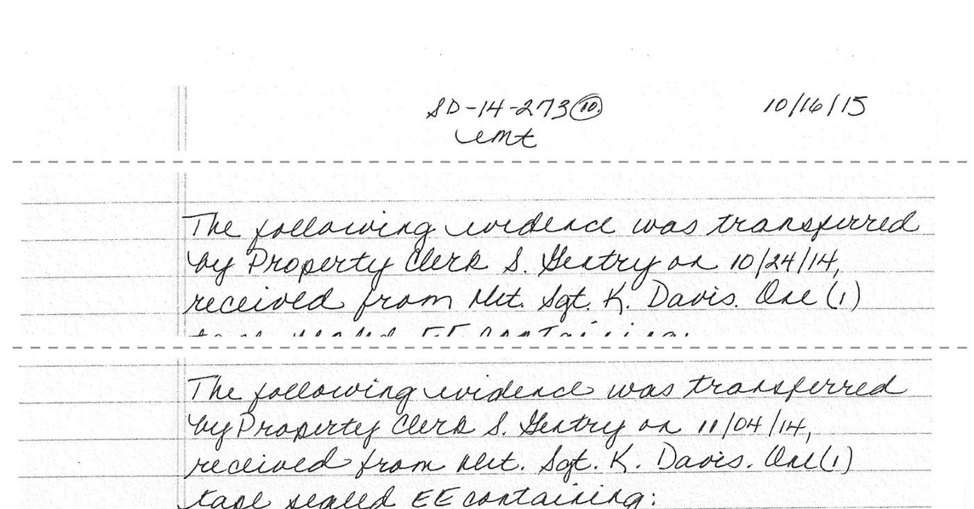 Three excerpts from page 10 of the handwritten bench notes. The page is dated 10/16/15. It records evidence transferred on 10/24/14 and on 11/04/14.