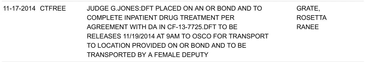 Oklahoma County court docket entry dated 11-17-2014: Judge G. Jones places the defendant on an OR bond to complete inpatient drug treatment per agreement with DA in CF-13-7725; defendant to be released 11/19/2014 at 9 a.m. for transport to the treatment location.