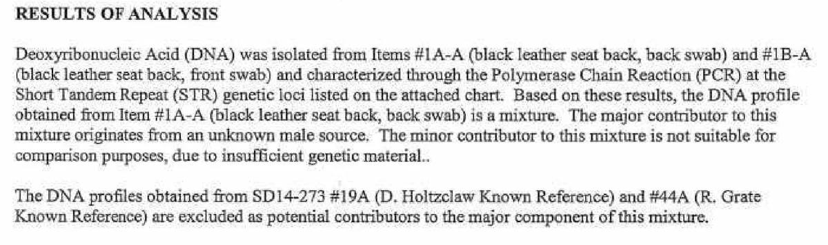 Results section of the Oklahoma City Police Department DNA laboratory’s supplemental report SD-14-399. The DNA from the black leather seat back swab is a mixture whose major contributor is an unknown male. The known references of D. Holtzclaw and R. Grate are excluded as contributors to the major component.