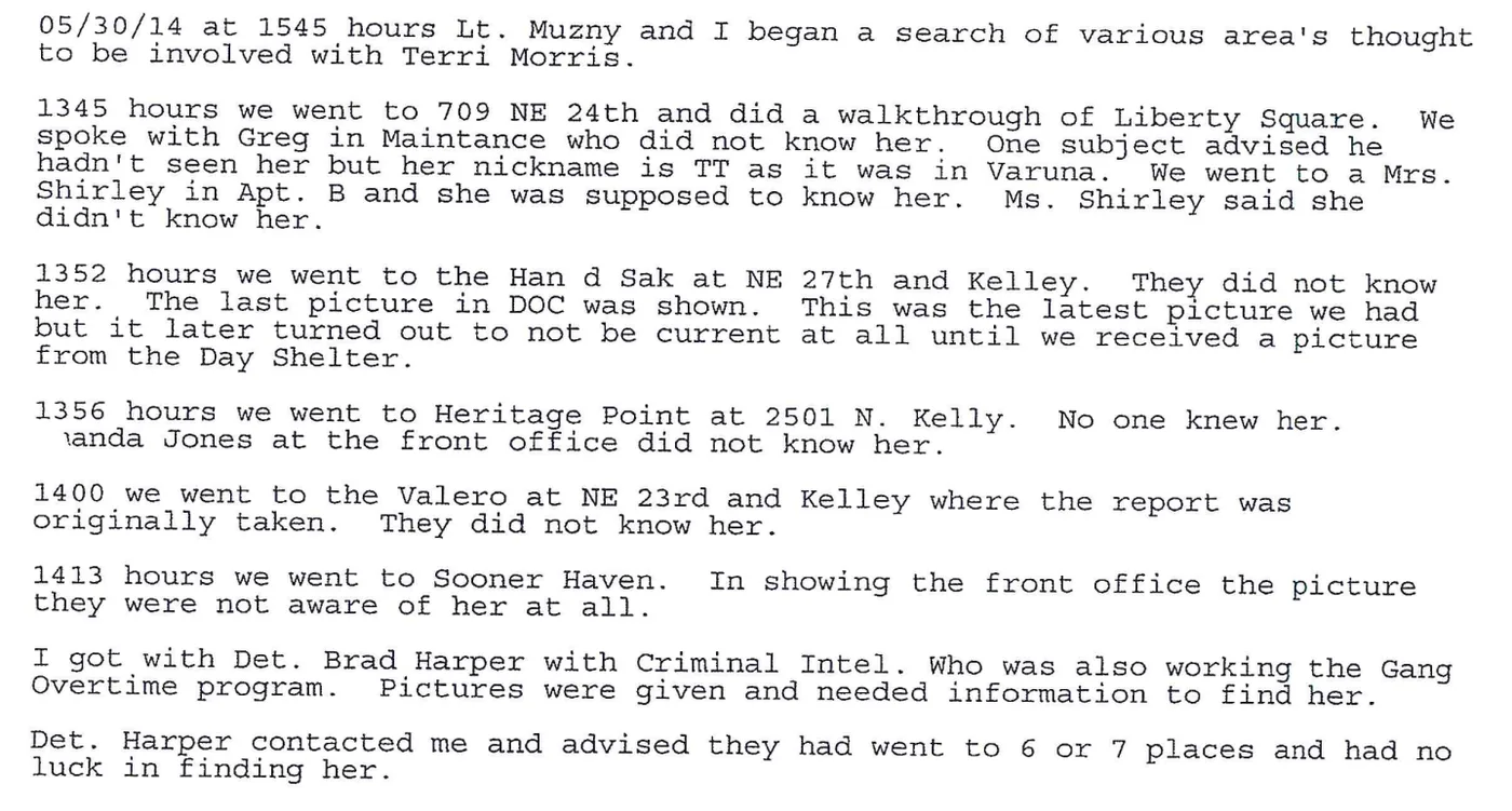 Excerpt from page 3 of Gregory’s report. The search is said to begin at 1545 hours. Stops follow at 1345, 1352, 1356, 1400 and 1413 hours. Then: Det. Harper’s team had gone to 6 or 7 places with no luck.