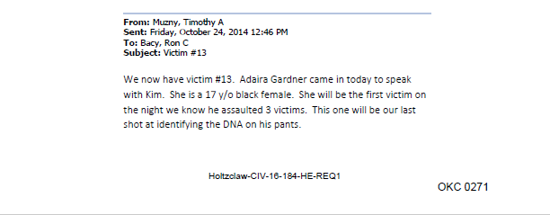 OCPD email in which Lt. Timothy Muzny describes Adaira Gardner as the investigation's last shot at identifying the DNA on Daniel Holtzclaw's pants.