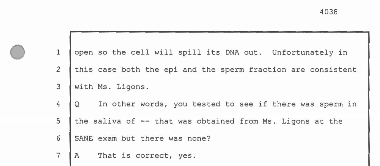 Trial transcript page 4038, lines 1 to 7. Elaine Taylor: Unfortunately in this case both the epi and the sperm fraction are consistent with Ms. Ligons. Asked whether she tested for sperm in the saliva from Ms. Ligons’s SANE exam and found none, she answers, That is correct, yes.