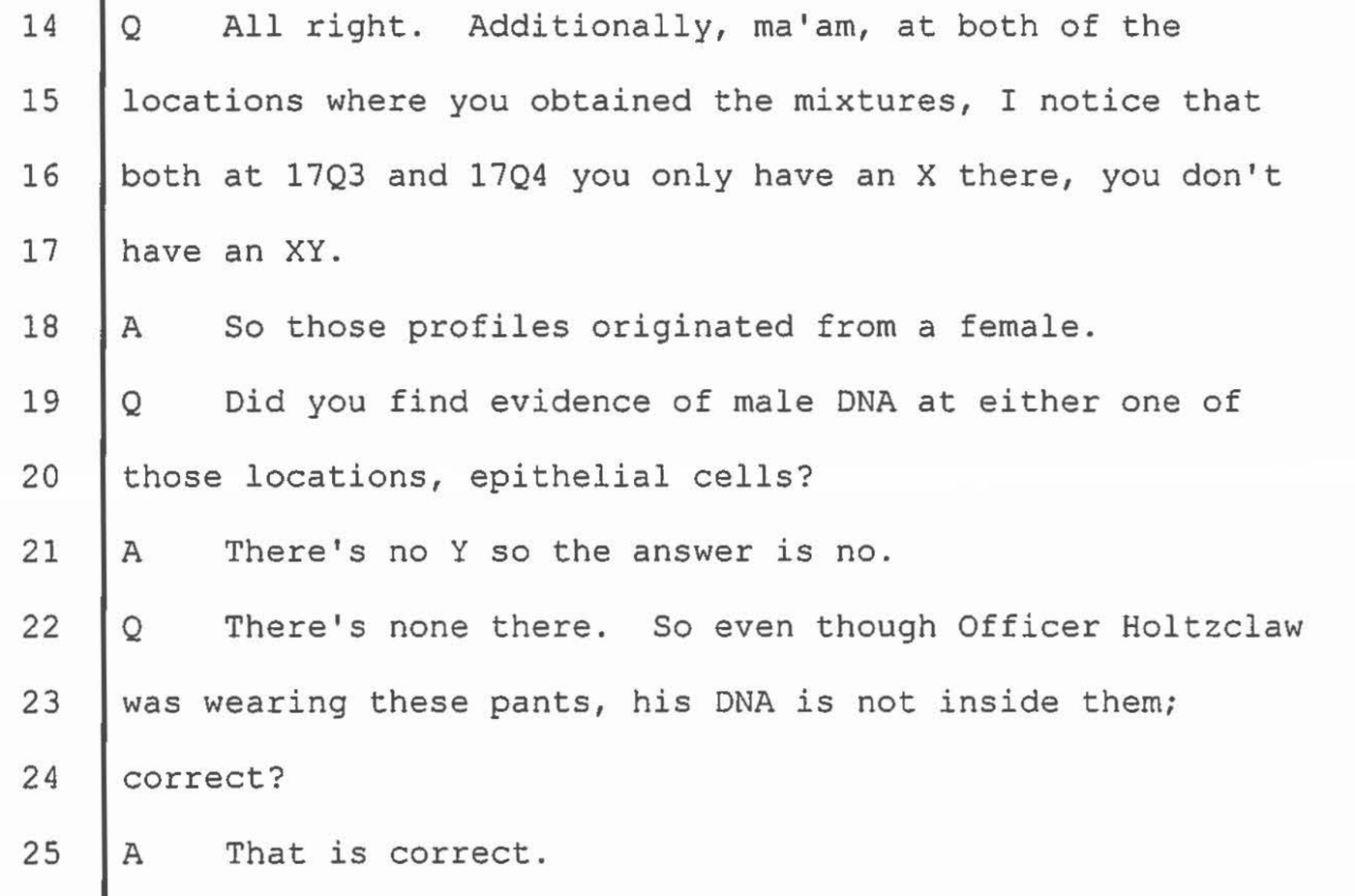 Trial transcript page 4072, lines 14 to 25, showing Elaine Taylor testifying that there was no Y and therefore no male DNA on the two fly swabs.