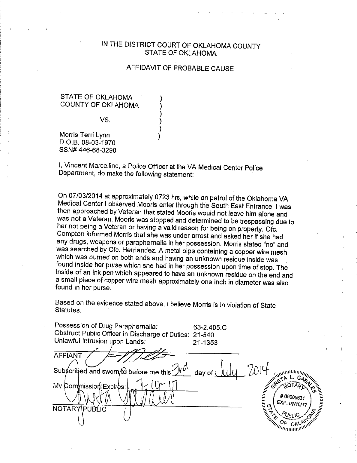 July 3, 2014, VA arrest affidavit for Terri Morris.