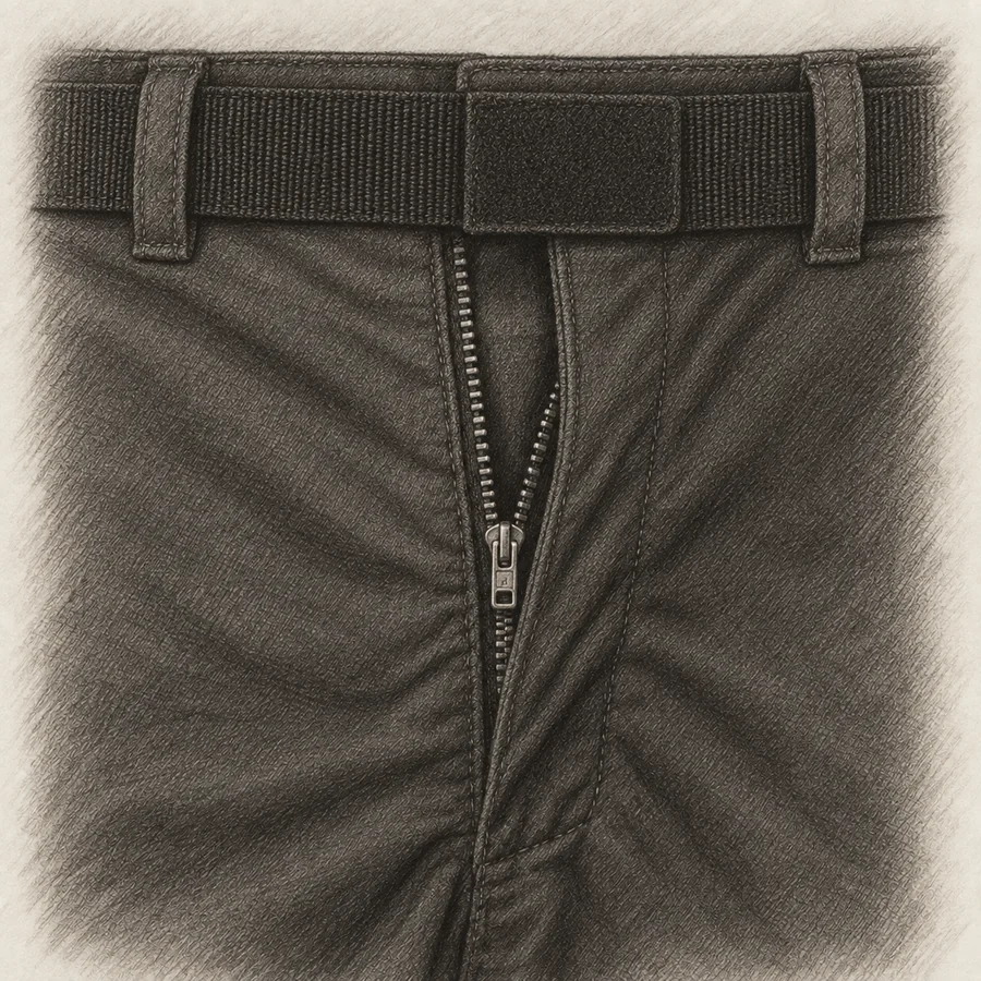 Illustration of uniform trousers with the belt fastened and the zipper partly open