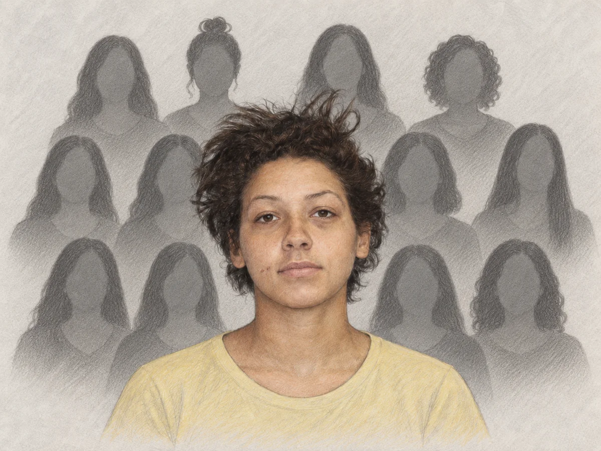 Illustrated portrait of Adaira Gardner in front of twelve faceless silhouettes of women