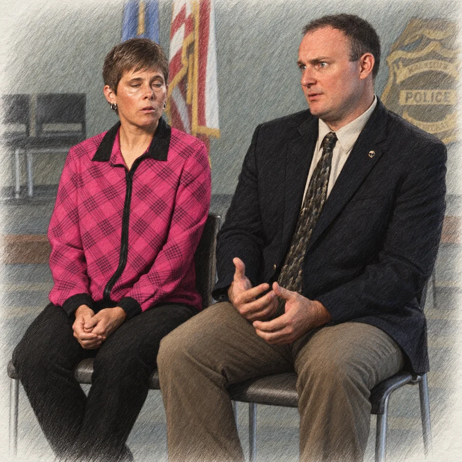 Illustrated portrait of Detectives Kim Davis and Rocky Gregory, seated side by side
