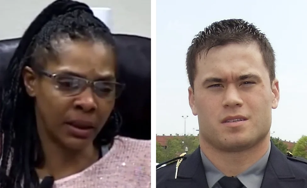 Side-by-side photographs: Sherry Ellis on the left, Daniel Holtzclaw in police uniform on the right; his skin is much lighter than hers