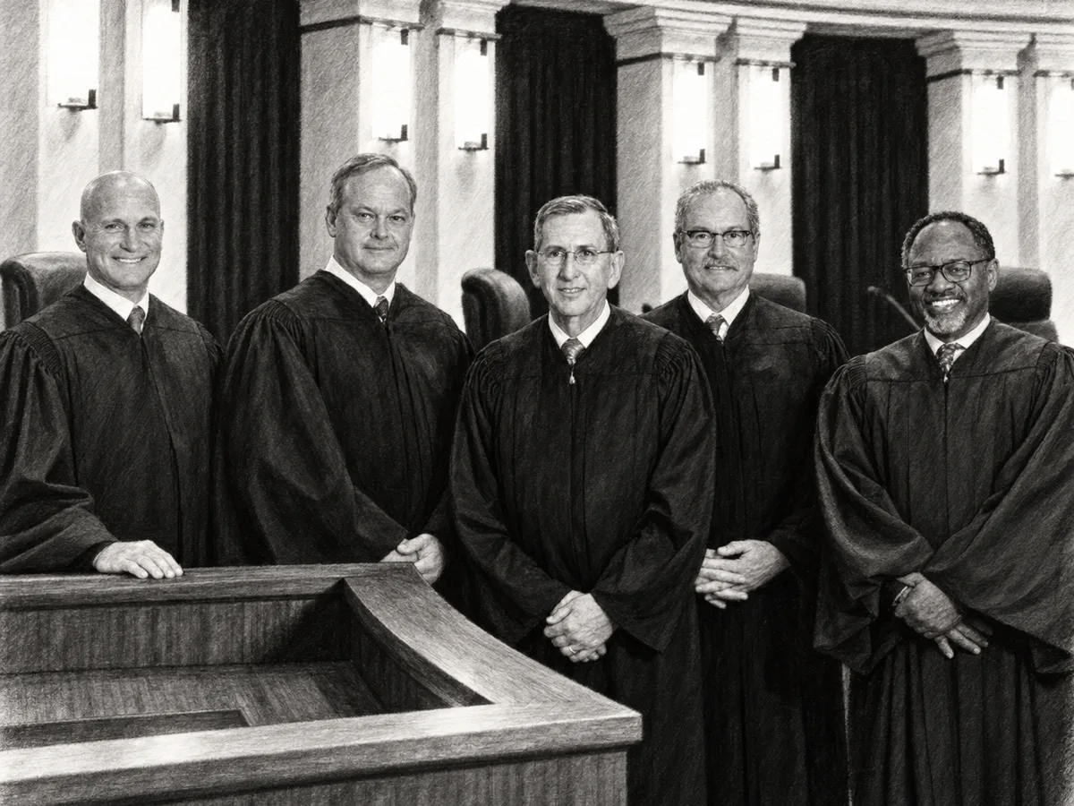 Illustrated group portrait of five judges of the Oklahoma Court of Criminal Appeals in robes in their courtroom