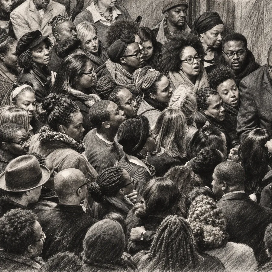 Charcoal illustration of a dense crowd packed into a courthouse corridor
